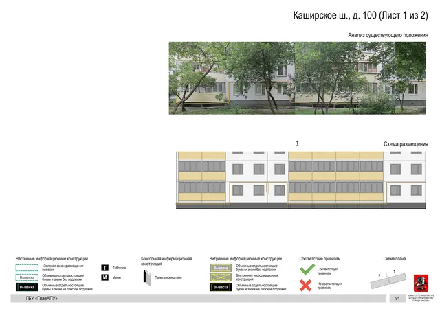 Архитектурная концепция размещения вывесок — Каширское шоссе, 100, Москва, лист 1 из 2 · Документ по адресу · Архитектурно-художественная концепция · 2020 год