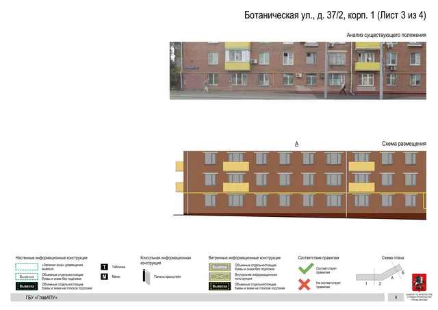 Архитектурная концепция размещения вывесок — Ботаническая улица, 37/2, корп. 1, Москва, лист 3 из 4 · Документ по адресу · Архитектурно-художественная концепция · 2020 год