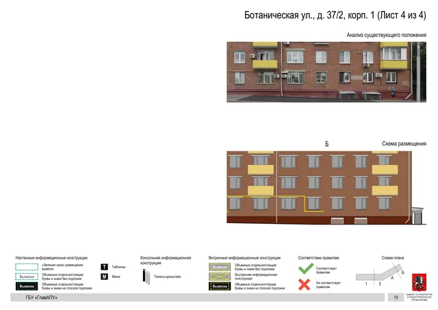 Архитектурная концепция размещения вывесок — Ботаническая улица, 37/2, корп. 1, Москва, лист 4 из 4 · Документ по адресу · Архитектурно-художественная концепция · 2020 год