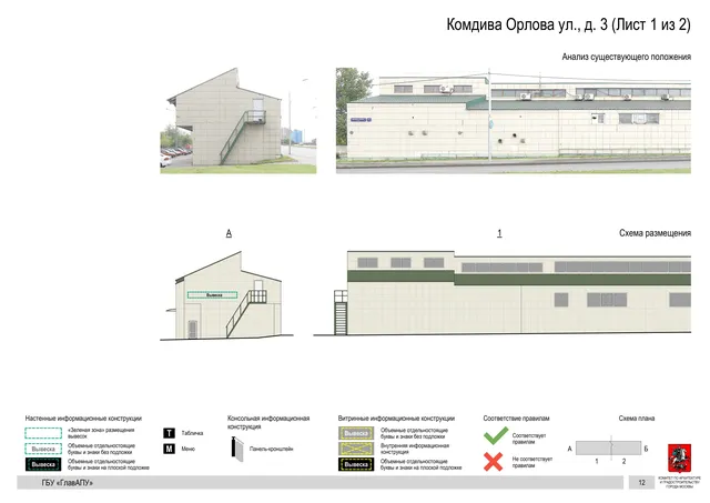 Архитектурная концепция размещения вывесок — Комдива орлова улица, 3, Москва, лист 1 из 2 · Документ по адресу · Архитектурно-художественная концепция · 2020 год