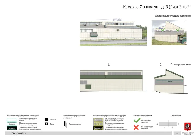 Архитектурная концепция размещения вывесок — Комдива орлова улица, 3, Москва, лист 2 из 2 · Документ по адресу · Архитектурно-художественная концепция · 2020 год