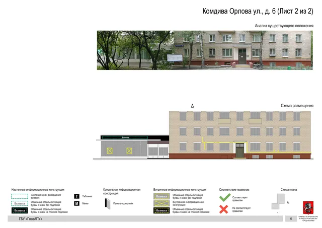 Архитектурная концепция размещения вывесок — Комдива орлова улица, 6, Москва, лист 2 из 2 · Документ по адресу · Архитектурно-художественная концепция · 2020 год