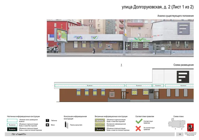 Архитектурная концепция размещения вывесок — Долгоруковская улица, 2, Москва, лист 1 из 2 · Документ по адресу · Архитектурно-художественная концепция · 2019 год