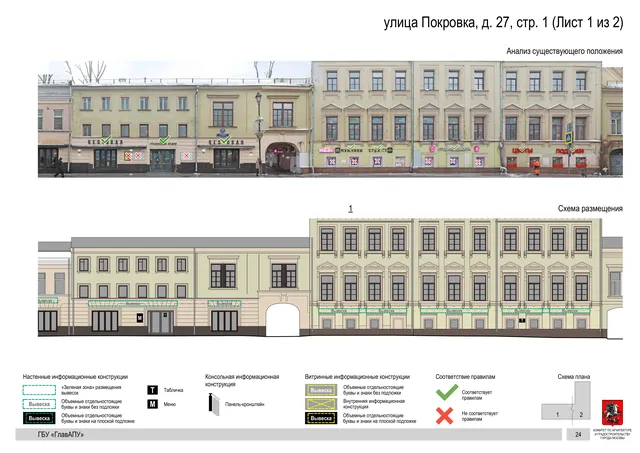улица Покровка, д. 27, стр. 1 (Лист 1 из 2) · PDF 26 Архитектурная концепция размещения вывесок — Покровка улица, 27, стр. 1, Москва, лист 1 из 2 · Документ по адресу · АХК № 281 от 18.09.2024