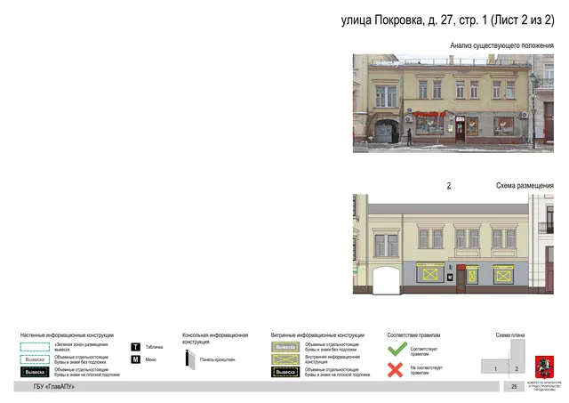 улица Покровка, д. 27, стр. 1 (Лист 2 из 2) · PDF 27 Архитектурная концепция размещения вывесок — Покровка улица, 27, стр. 1, Москва, лист 2 из 2 · Документ по адресу · АХК № 281 от 18.09.2024