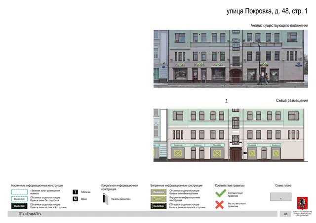 улица Покровка, д. 48, стр. 1 · PDF 50 Архитектурная концепция размещения вывесок — Покровка улица, 48, стр. 1, Москва, страница PDF 50 · Документ по адресу · АХК № 281 от 18.09.2024