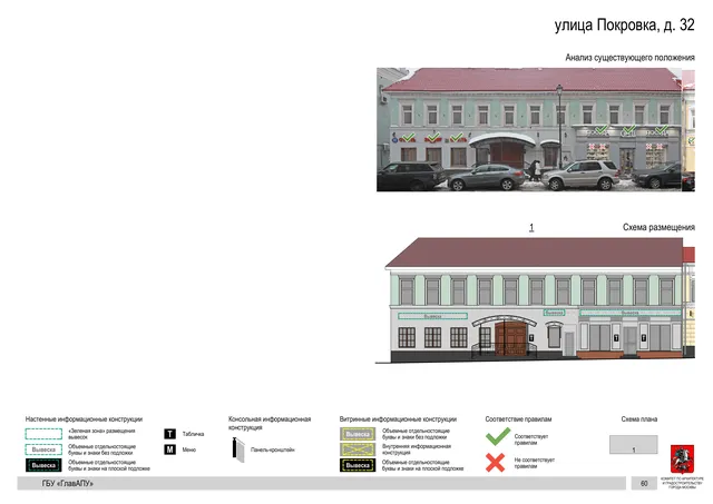 улица Покровка, д. 32 · PDF 62 Архитектурная концепция размещения вывесок — Покровка улица, 32, Москва, страница PDF 62 · Документ по адресу · АХК № 281 от 18.09.2024