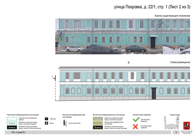улица Покровка, д. 22/1, стр. 1 (Лист 2 из 3) · PDF 72 Архитектурная концепция размещения вывесок — Покровка улица, 22/1, стр. 1, Москва, лист 2 из 3 · Документ по адресу · АХК № 281 от 18.09.2024