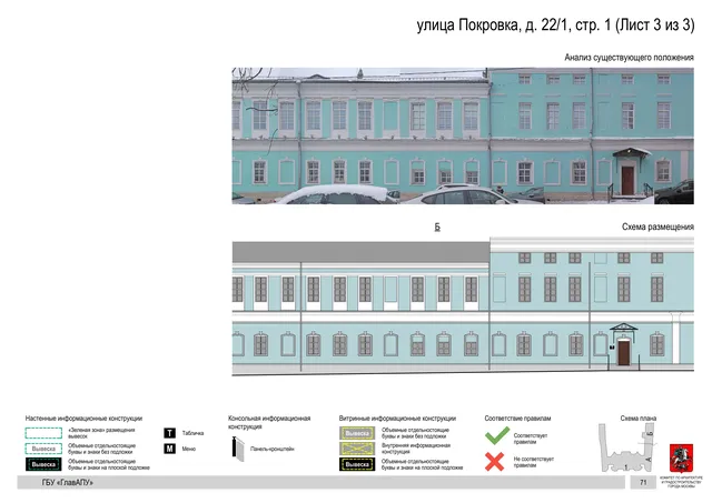 улица Покровка, д. 22/1, стр. 1 (Лист 3 из 3) · PDF 73 Архитектурная концепция размещения вывесок — Покровка улица, 22/1, стр. 1, Москва, лист 3 из 3 · Документ по адресу · АХК № 281 от 18.09.2024