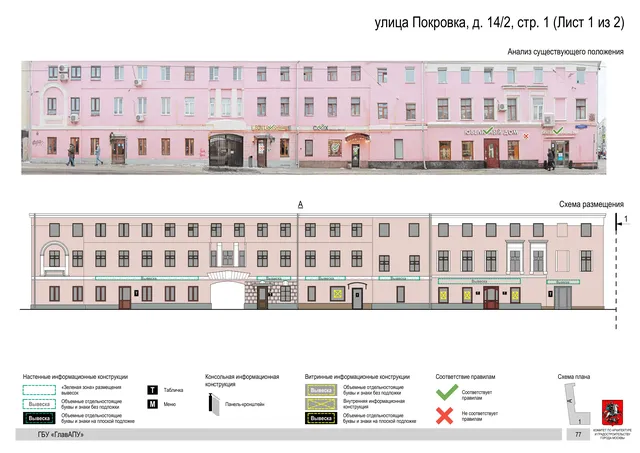 Архитектурная концепция размещения вывесок — Покровка улица, 14/2, стр. 1, Москва, лист 1 из 2 · Документ по адресу · АХК № 281 от 18.09.2024