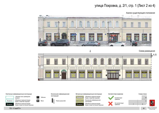 улица Покровка, д. 2/1, стр. 1 (Лист 2 из 4) · PDF 91 Архитектурная концепция размещения вывесок — Покровка улица, 2/1, стр. 1, Москва, лист 2 из 4 · Документ по адресу · АХК № 281 от 18.09.2024