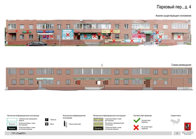 Архитектурная концепция размещения вывесок — Парковый переулок, 4, Москва, страница PDF 8 · Документ по адресу · Архитектурно-художественная концепция · 2016 год