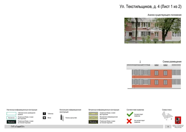 Архитектурная концепция размещения вывесок — Текстильщиков улица, 4, Москва, лист 1 из 2 · Документ по адресу · Архитектурно-художественная концепция · 2016 год