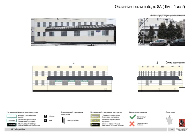 Овчинниковская наб., д. 8А ( Лист 1 из 2) · PDF 21 Архитектурная концепция размещения вывесок — Овчинниковская набережная, 8А, Москва, лист 1 из 2 · Документ по адресу · Архитектурно-художественная концепция