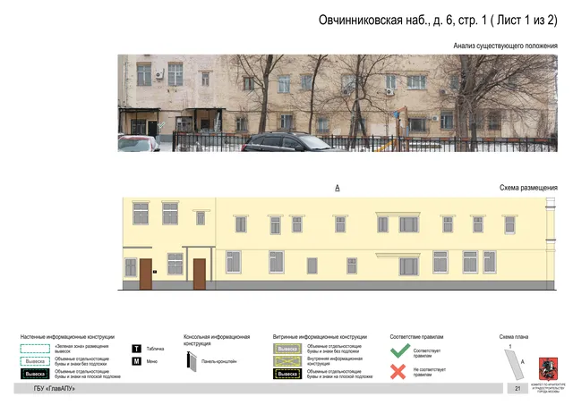 Овчинниковская наб., д. 6, стр. 1 ( Лист 1 из 2) · PDF 23 Архитектурная концепция размещения вывесок — Овчинниковская набережная, 6, стр. 1, Москва, лист 1 из 2 · Документ по адресу · Архитектурно-художественная концепция