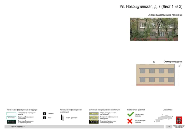 Архитектурная концепция размещения вывесок — Новощукинская улица, 7, Москва, лист 1 из 3 · Документ по адресу · Архитектурно-художественная концепция · 2016 год