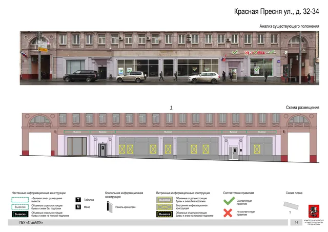 Архитектурная концепция размещения вывесок — Красная пресня улица, 32-34, Москва, страница PDF 16 · Документ по адресу · Архитектурно-художественная концепция · 2019 год
