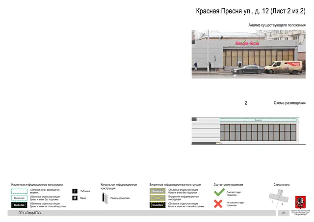 Архитектурная концепция размещения вывесок — Красная пресня улица, 12, Москва, лист 2 из 2 · Документ по адресу · Архитектурно-художественная концепция · 2019 год