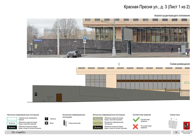 Архитектурная концепция размещения вывесок — Красная пресня улица, 3, Москва, лист 1 из 2 · Документ по адресу · Архитектурно-художественная концепция · 2019 год