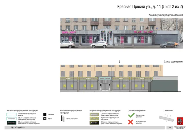 Архитектурная концепция размещения вывесок — Красная пресня улица, 11, Москва, лист 2 из 2 · Документ по адресу · Архитектурно-художественная концепция · 2019 год