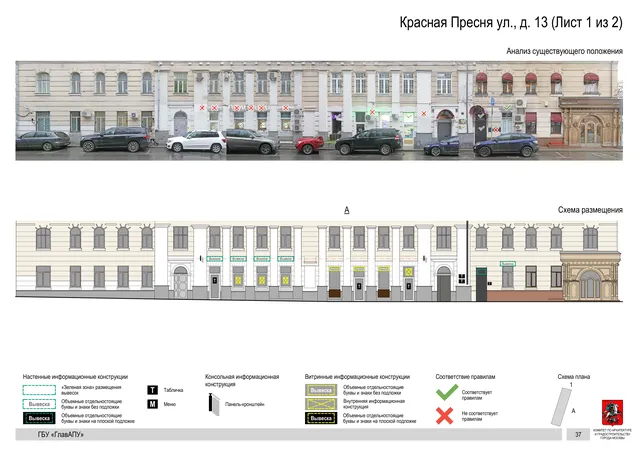 Архитектурная концепция размещения вывесок — Красная пресня улица, 13, Москва, лист 1 из 2 · Документ по адресу · Архитектурно-художественная концепция · 2019 год