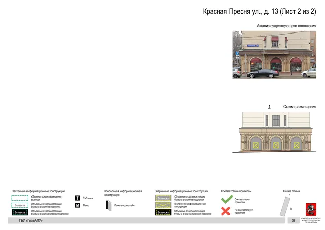 Архитектурная концепция размещения вывесок — Красная пресня улица, 13, Москва, лист 2 из 2 · Документ по адресу · Архитектурно-художественная концепция · 2019 год