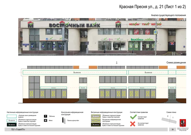 Архитектурная концепция размещения вывесок — Красная пресня улица, 21, Москва, лист 1 из 2 · Документ по адресу · Архитектурно-художественная концепция · 2019 год