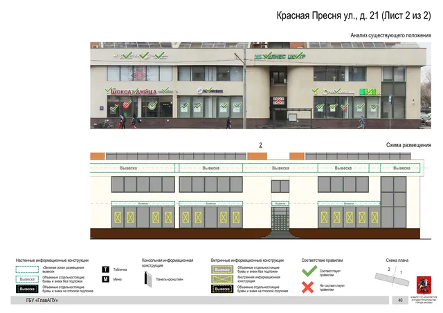 Архитектурная концепция размещения вывесок — Красная пресня улица, 21, Москва, лист 2 из 2 · Документ по адресу · Архитектурно-художественная концепция · 2019 год