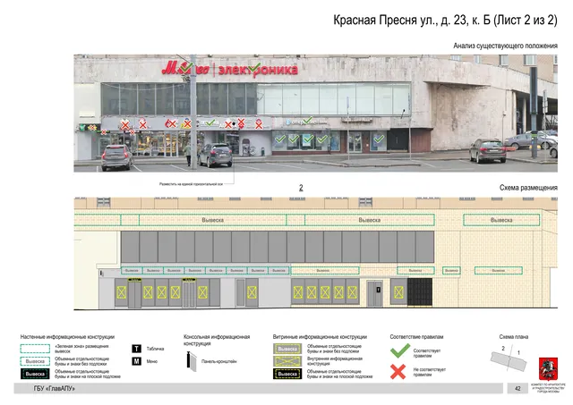 Архитектурная концепция размещения вывесок — Красная пресня улица, 23, корп. Б, Москва, лист 2 из 2 · Документ по адресу · Архитектурно-художественная концепция · 2019 год