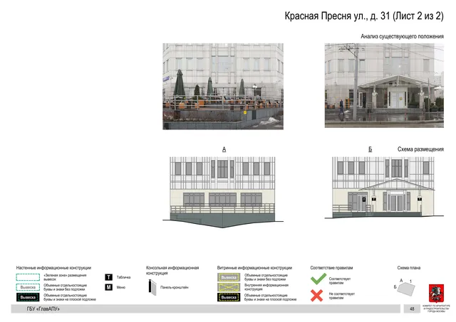 Архитектурная концепция размещения вывесок — Красная пресня улица, 31, Москва, лист 2 из 2 · Документ по адресу · Архитектурно-художественная концепция · 2019 год