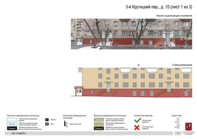 Архитектурная концепция размещения вывесок — 3-й крутицкий переулок, 15, Москва, лист 1 из 3 · Документ по адресу · Архитектурно-художественная концепция · 2019 год
