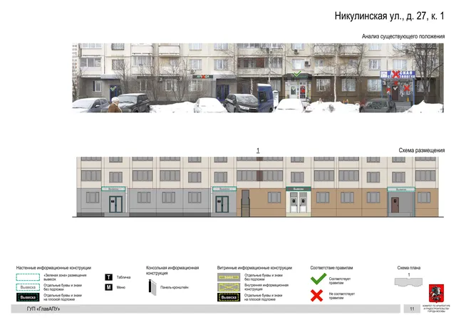 Архитектурная концепция размещения вывесок — Никулинская улица, 27, корп. 1, Москва, страница PDF 11 · Документ по адресу · Архитектурно-художественная концепция · 2016 год