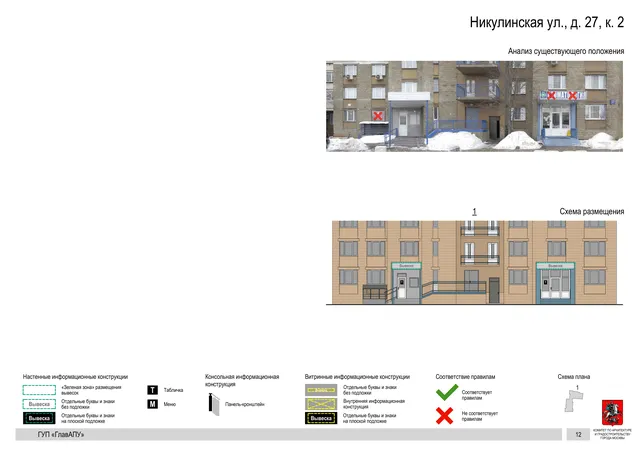 Архитектурная концепция размещения вывесок — Никулинская улица, 27, корп. 2, Москва, страница PDF 12 · Документ по адресу · Архитектурно-художественная концепция · 2016 год