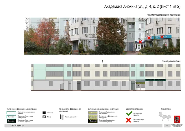Архитектурная концепция размещения вывесок — Академика анохина улица, 4, корп. 2, Москва, лист 1 из 2 · Документ по адресу · Архитектурно-художественная концепция · 2016 год
