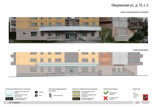 Архитектурная концепция размещения вывесок — Никулинская улица, 12, корп. 2, Москва, страница PDF 21 · Документ по адресу · Архитектурно-художественная концепция · 2016 год