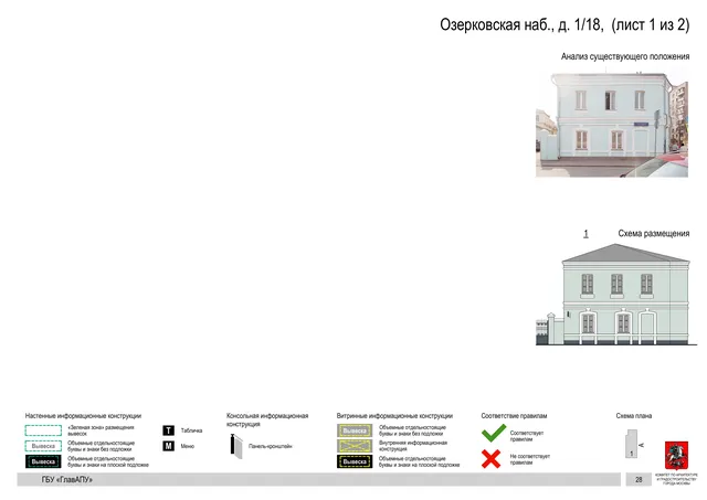 Озерковская наб., д. 1/18, (лист 1 из 2) · PDF 29 Архитектурная концепция размещения вывесок — Озерковская набережная, 1/18, Москва, лист 1 из 2 · Документ по адресу · Архитектурно-художественная концепция