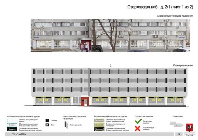 Озерковская наб., д. 2/1 (лист 1 из 2) · PDF 35 Архитектурная концепция размещения вывесок — Озерковская набережная, 2/1, Москва, лист 1 из 2 · Документ по адресу · Архитектурно-художественная концепция