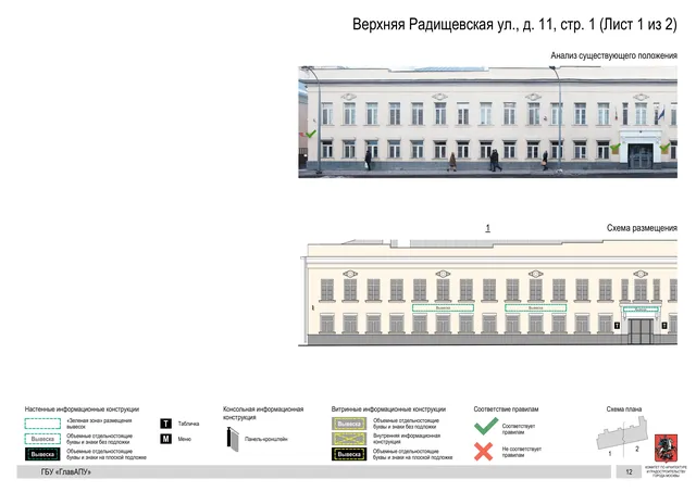 Верхняя Радищевская ул., д. 11, стр. 1 (Лист 1 из 2) · PDF 14 Архитектурная концепция размещения вывесок — Верхняя радищевская улица, 11, стр. 1, Москва, лист 1 из 2 · Документ по адресу · Архитектурно-художественная концепция