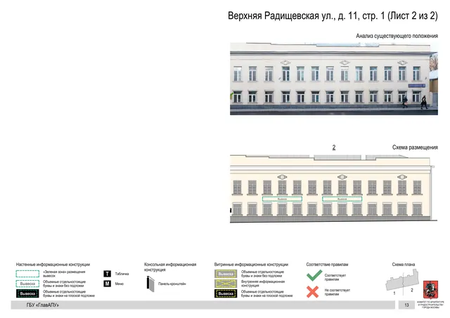 Верхняя Радищевская ул., д. 11, стр. 1 (Лист 2 из 2) · PDF 15 Архитектурная концепция размещения вывесок — Верхняя радищевская улица, 11, стр. 1, Москва, лист 2 из 2 · Документ по адресу · Архитектурно-художественная концепция