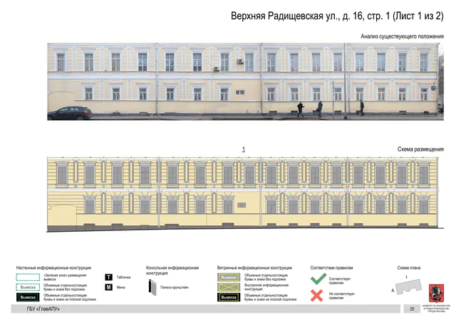 Верхняя Радищевская ул., д. 16, стр. 1 (Лист 1 из 2) · PDF 28 Архитектурная концепция размещения вывесок — Верхняя радищевская улица, 16, стр. 1, Москва, лист 1 из 2 · Документ по адресу · Архитектурно-художественная концепция