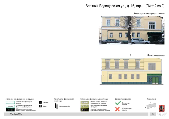 Верхняя Радищевская ул., д. 16, стр. 1 (Лист 2 из 2) · PDF 29 Архитектурная концепция размещения вывесок — Верхняя радищевская улица, 16, стр. 1, Москва, лист 2 из 2 · Документ по адресу · Архитектурно-художественная концепция