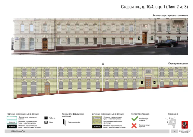 Старая пл., д. 10/4, стр. 1 (Лист 2 из 3) · PDF 19 Архитектурная концепция размещения вывесок — Старая площадь, 10/4, стр. 1, Москва, лист 2 из 3 · Документ по адресу · Архитектурно-художественная концепция