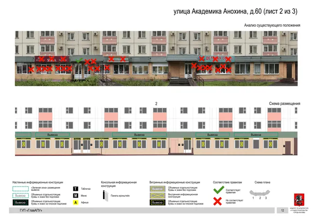 Архитектурная концепция размещения вывесок — Академика анохина улица, 60, Москва, лист 2 из 3 · Документ по адресу · Архитектурно-художественная концепция · 2016 год