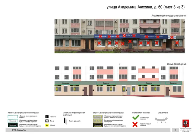 Архитектурная концепция размещения вывесок — Академика анохина улица, 60, Москва, лист 3 из 3 · Документ по адресу · Архитектурно-художественная концепция · 2016 год