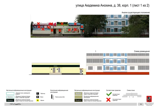 Архитектурная концепция размещения вывесок — Академика анохина улица, 38, корп. 1, Москва, лист 1 из 2 · Документ по адресу · Архитектурно-художественная концепция · 2016 год