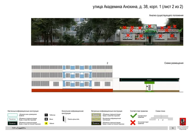Архитектурная концепция размещения вывесок — Академика анохина улица, 38, корп. 1, Москва, лист 2 из 2 · Документ по адресу · Архитектурно-художественная концепция · 2016 год