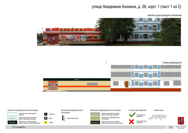 Архитектурная концепция размещения вывесок — Академика анохина улица, 26, корп. 1, Москва, лист 1 из 2 · Документ по адресу · Архитектурно-художественная концепция · 2016 год