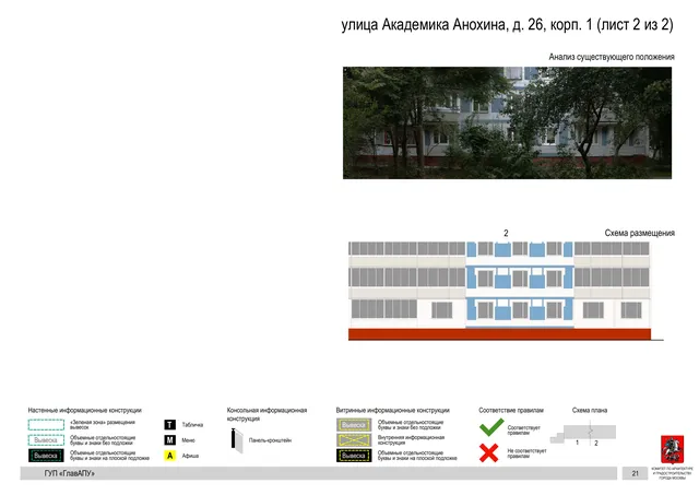 Архитектурная концепция размещения вывесок — Академика анохина улица, 26, корп. 1, Москва, лист 2 из 2 · Документ по адресу · Архитектурно-художественная концепция · 2016 год