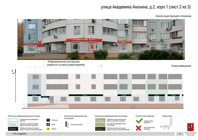 Архитектурная концепция размещения вывесок — Академика анохина улица, 2, корп. 1, Москва, лист 2 из 3 · Документ по адресу · Архитектурно-художественная концепция · 2016 год