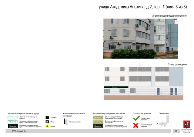 Архитектурная концепция размещения вывесок — Академика анохина улица, 2, корп. 1, Москва, лист 3 из 3 · Документ по адресу · Архитектурно-художественная концепция · 2016 год